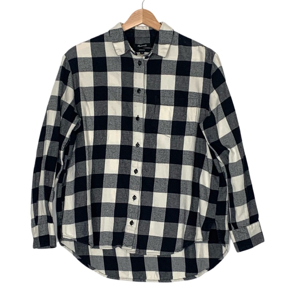 Madewell Oversized Boyfriend Flannel Top Black White Buffalo Plaid Size Small - Picture 2 of 11